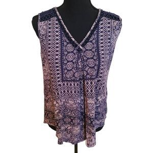 Lucky Brand Womens Sleeveless Eyelet Navy & Beige Abstract Print Boho Large